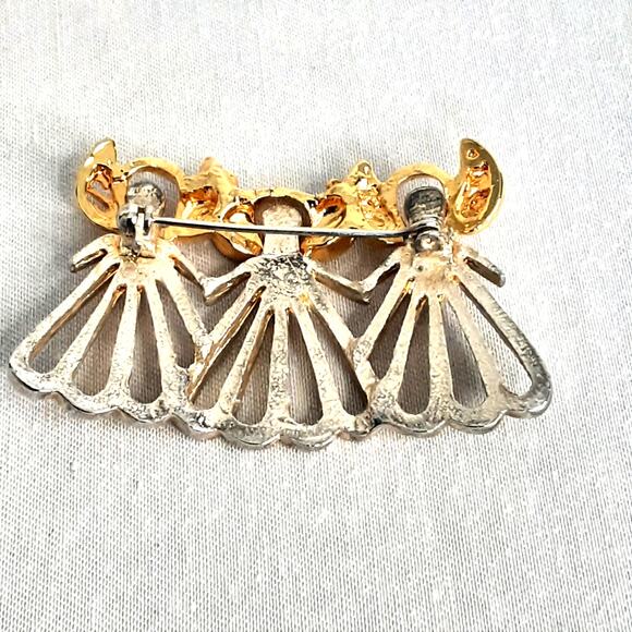 Threee Angles Brooch Open Work Gold And Silver Tones Hearts And AB Rhinestones - Picture 5 of 8